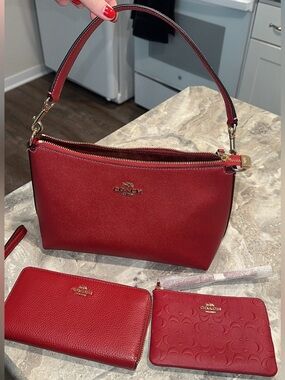 NEW! Coach Red Leather Shoulder Bag with Matching Red Pouches
